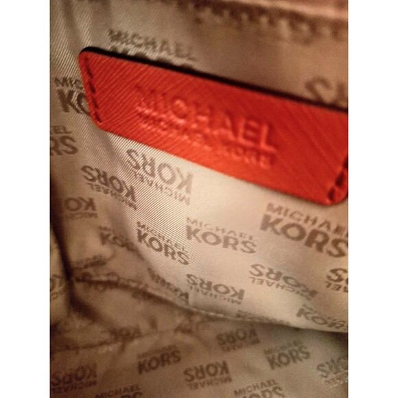 Michael Kors Khaki Monogrammed Coated Canvas/Red Leather Dome Satchel Crossbody - Picture 11 of 12